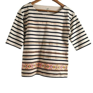 J Crew size s Beige/BlackStripe orange Embroidered half Sleeve Boat Neck Top